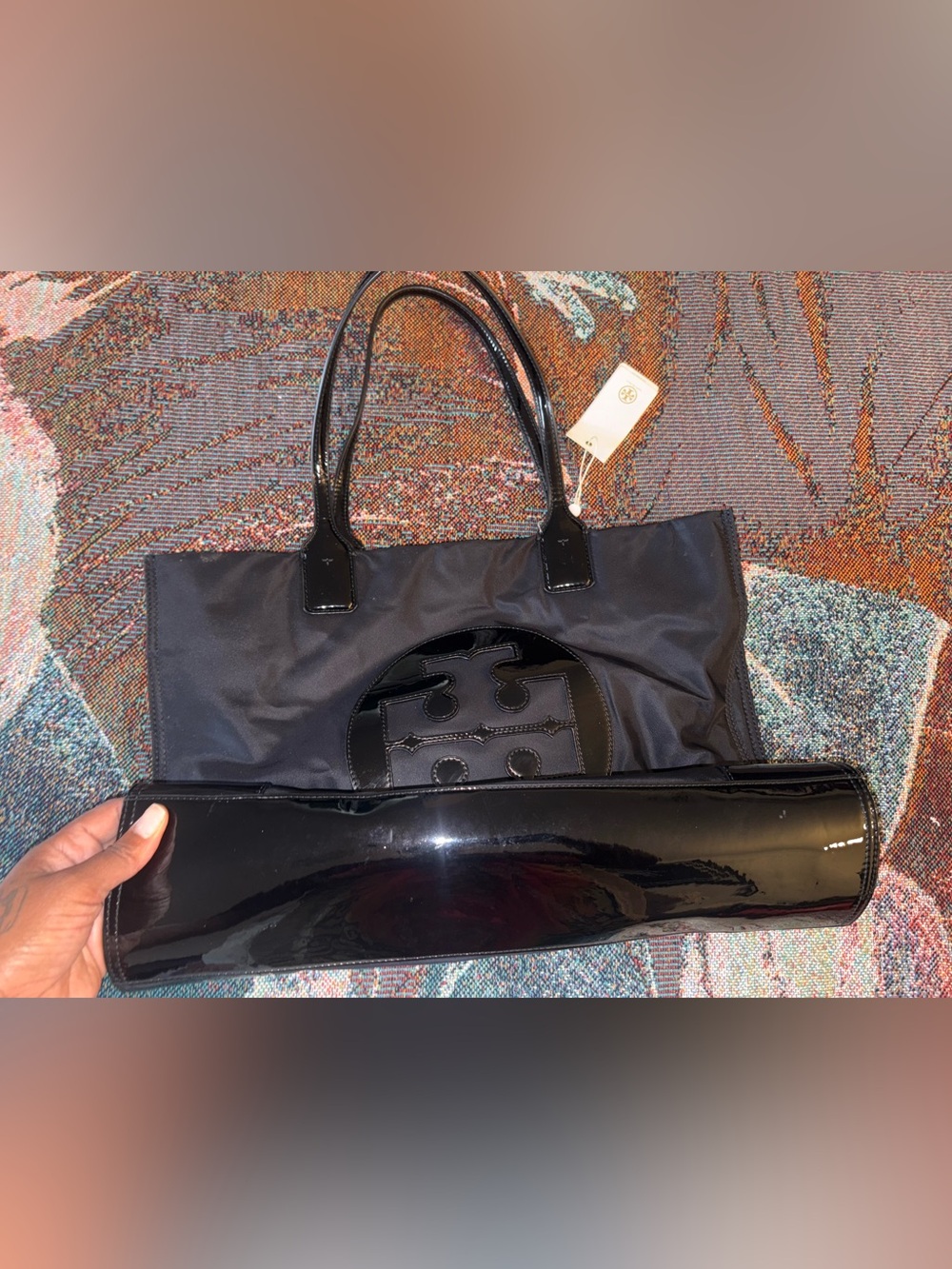 Tory Burch Black Ella Nylon Tote with Patent Logo and Handles - Picture 2 of 7